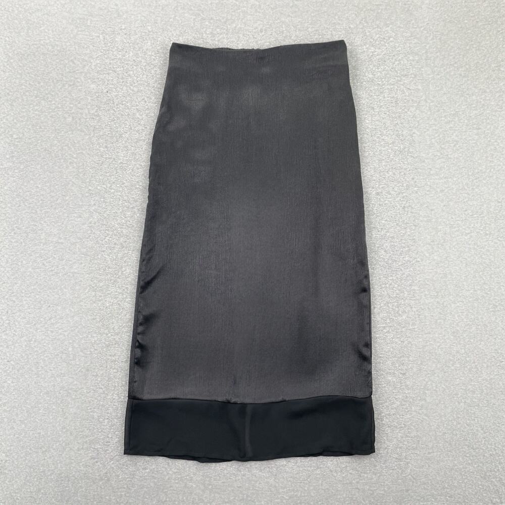 Pleione Skirt Womens S Black Satin Sheer Hem A-Line Midi Pull-On Elegant Classic